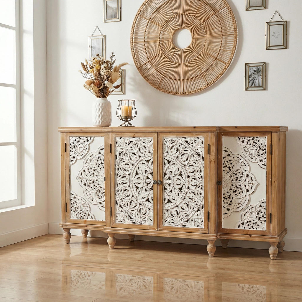 63" Solid Wood Sideboard Buffet Cabinet with Storage, Carved Credenza