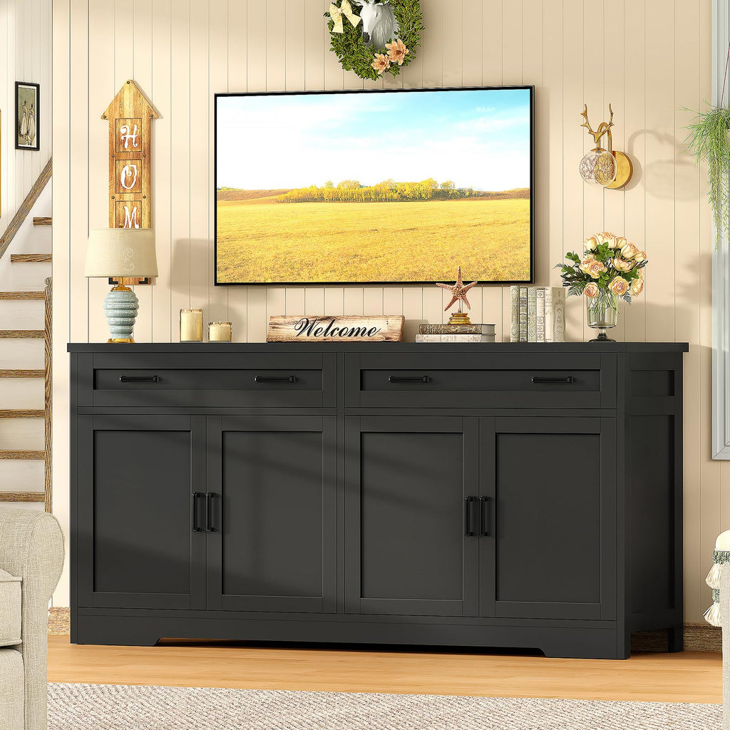 63" Buffet Cabinet with Storage, Sideboard Cabinet with 2 Adjustable Shelves and 4 Doors, Modern Farmhouse Coffee Bar