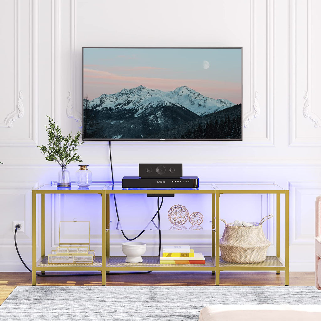 TV Stand with LED Lights and Power Outlets for TVs up to 65", Modern 55 Inch Tempered Glass TV Console Table with