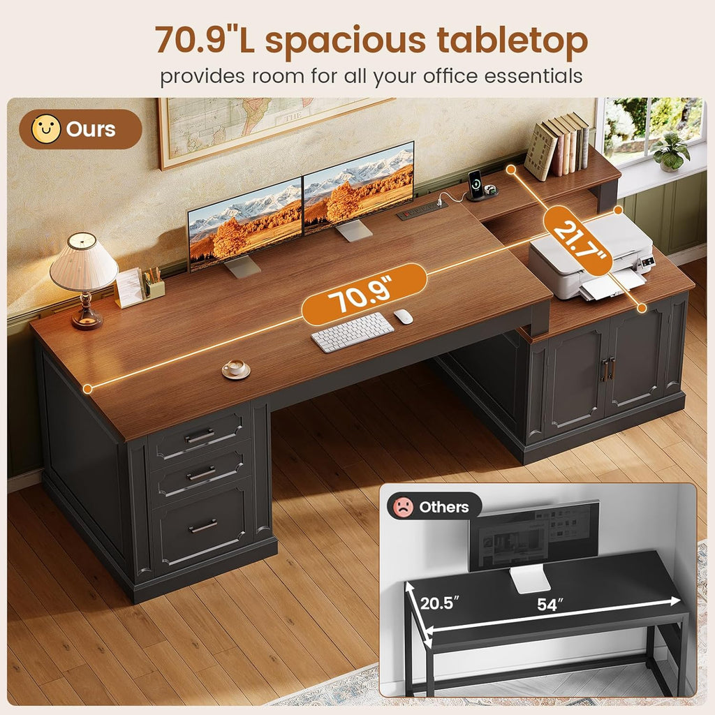 Farmhouse 70.9" Executive Desk, Home Office Desk with File Drawers and Storage Cabinet