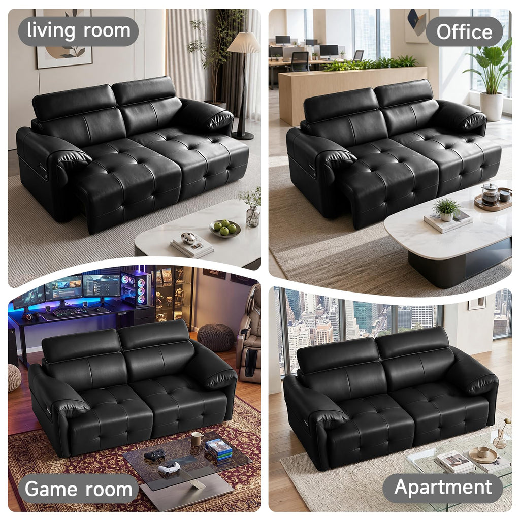 Genuine Leather Electric Pull Out Couch, Power Reclining Sofa with Adjustable Headrests | Extendable Footrest | USB &