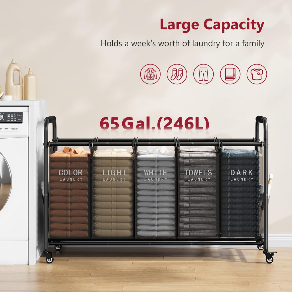 5 Bag Laundry Sorter, 5 Section Laundry Hamper with Wheels, Black