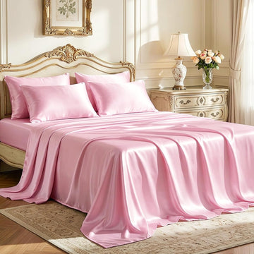Satin King Sheet Sets - 4 Piece Pink Silky Sheets King Bed Set with Deep Pocket, Luxury Silk Feel King Satin Sheet