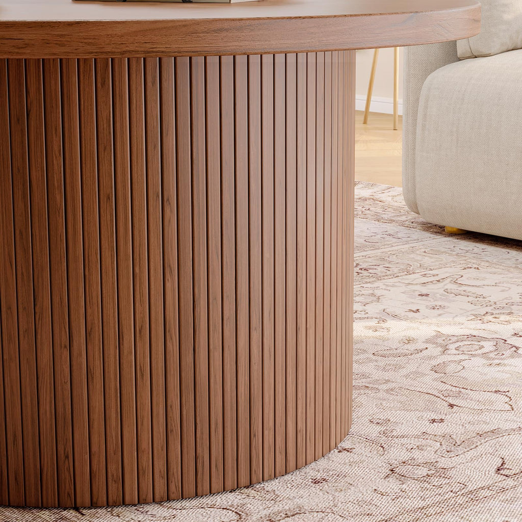 31.5" Round Coffee Table, Tambour Design Coffee Tables, Mid Century Modern Wood Coffee Table, Drum Accent Small