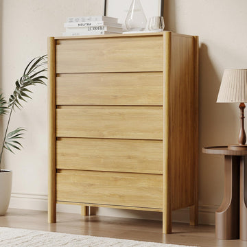 Oak Dresser, 45" Tall 5 Drawer Mid Century Modern Chest