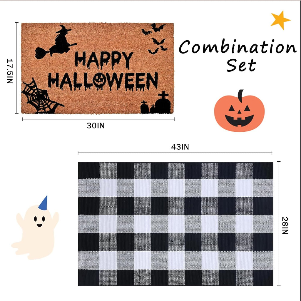 Halloween Decor Doormat Combo Set, 100 Percent Coco Coir Welcome Mat + 28X43 Inches Black and White Plaid Rug
