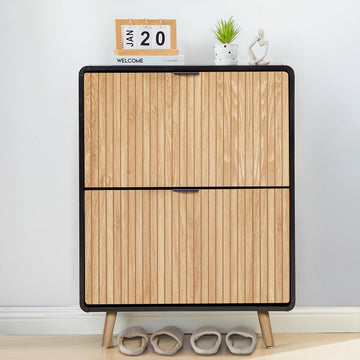 Narrow Shoe Cabinet Storage, Slim Shoe Cabinet with 2 Flip Drawers, Fluted Shoes Rack Organizer (Natural with Black