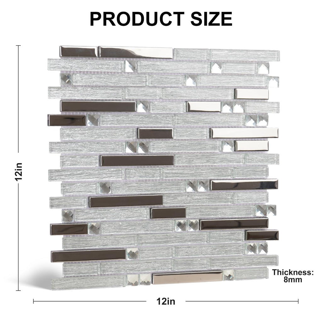 White Silver Glass Mosaic Tile 12x12 Waterproof Kitchen & Vanity Wall 5Sh
