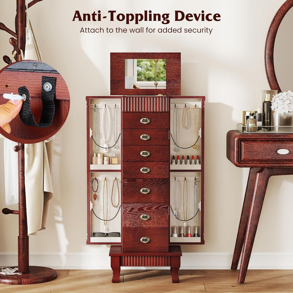 Standing Jewelry Armoire Cabinet, Wooden Storage Chest (Cherry)