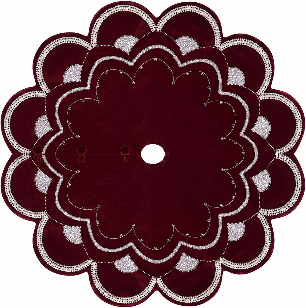 72 Inch Burgundy Velvet Christmas Tree Skirt, Luxury Sequin & Pearl Trim