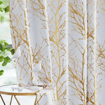 100% Blackout Grey Gold Foil Tree Curtains 96 Inch Long 2 Panels