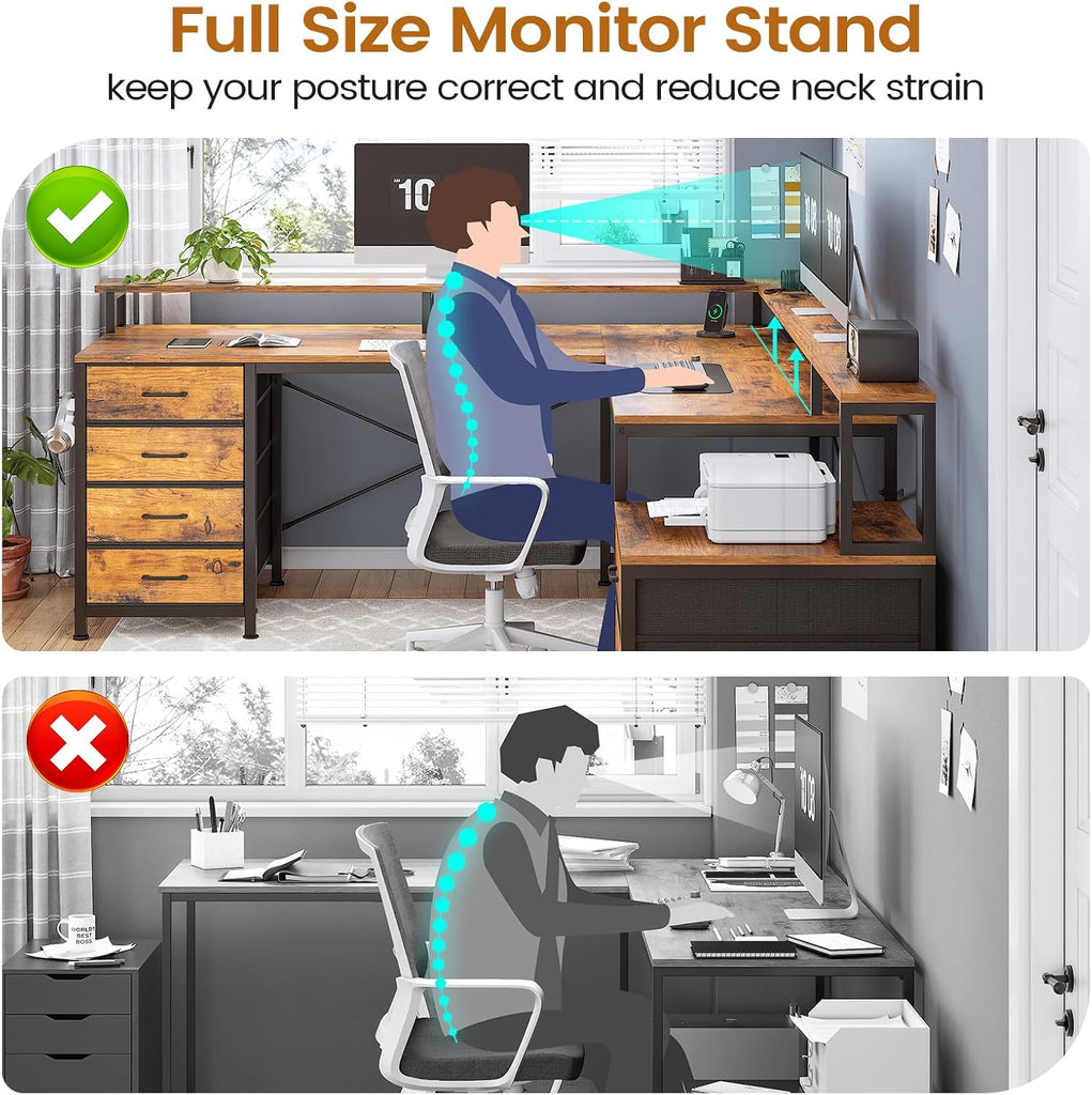 L Shaped Computer Desk with 6 Drawer, File Drawer & Power Outlet | 108" Corner Desk with Monitor Shelf, File Cabinet