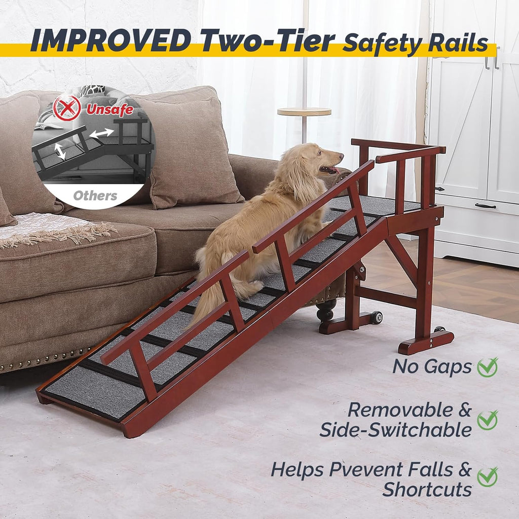 Dog Ramp for Bed or Couch, Wooden Pet Ramp with 20° Gentle Slope, Removable Side Rails, Non-Slip Surface, Top