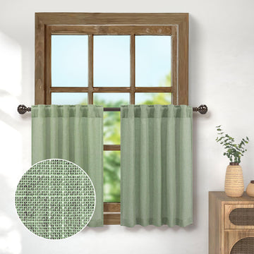 Boho Farmhouse Kitchen Curtains for Small Window 30 Inch Length Back Tab Pocket Linen Cotton Textured Short Sage