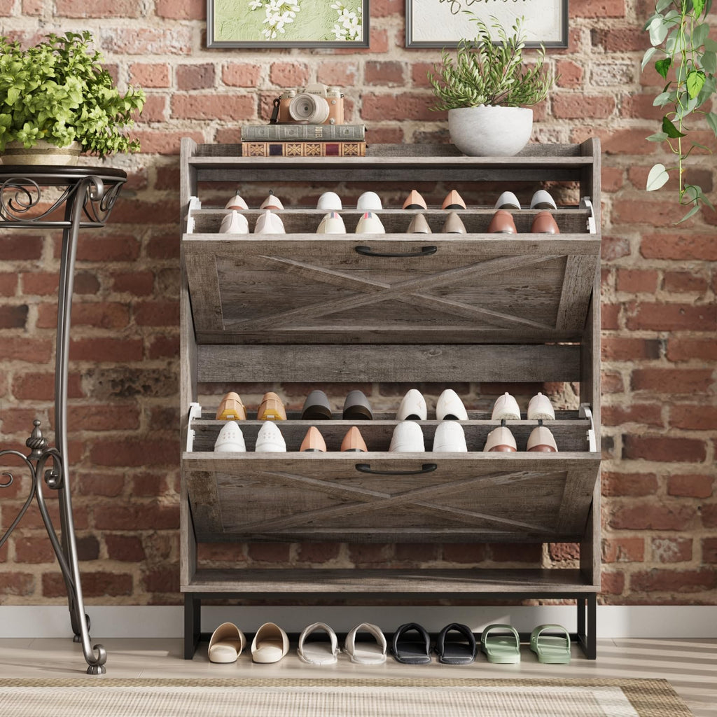 Shoe Storage Cabinet with 2 Flip Drawers, Freestanding Organizer with Metal Legs, Narrow Shoe Rack Cabinet, Light