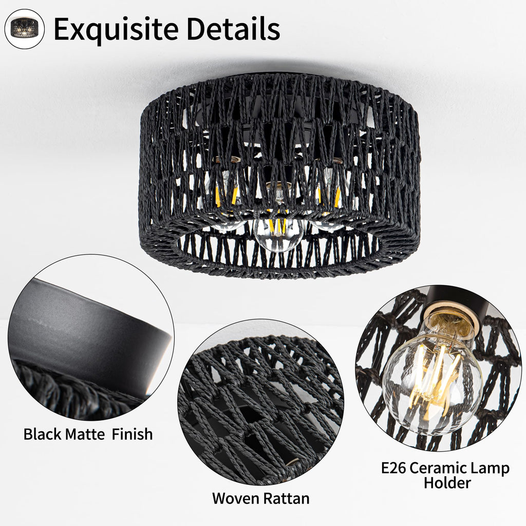 Rattan Ceiling Light Fixture, 3-Light Bohemian Modern Woven Ceiling Light, Black Boho Flush Mount Ceiling Light