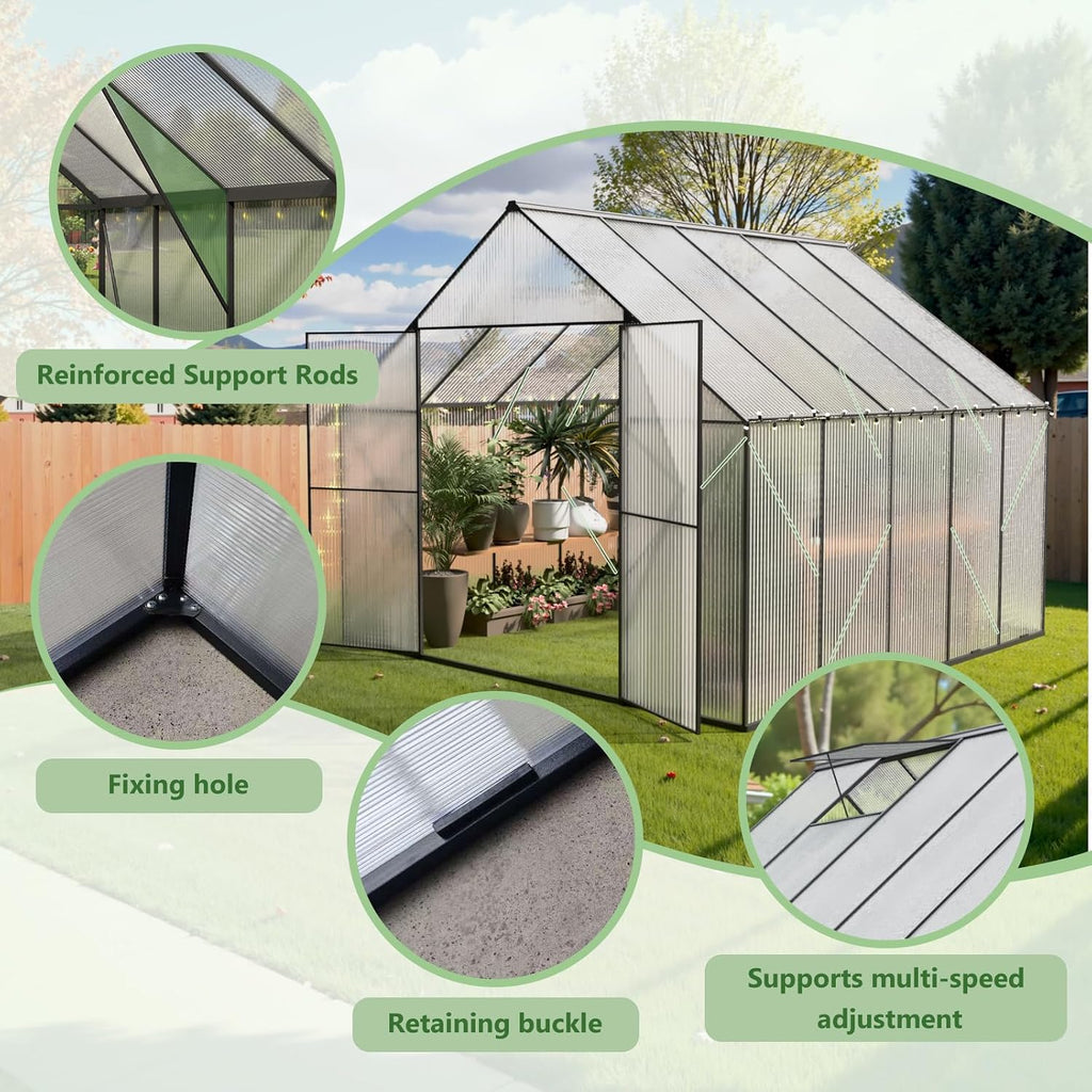 10x10 FT Greenhouse for Outdoors, Heavy-Duty Polycarbonate Greenhouse | Backyard Greenhouse Kit with Adjustable Roof