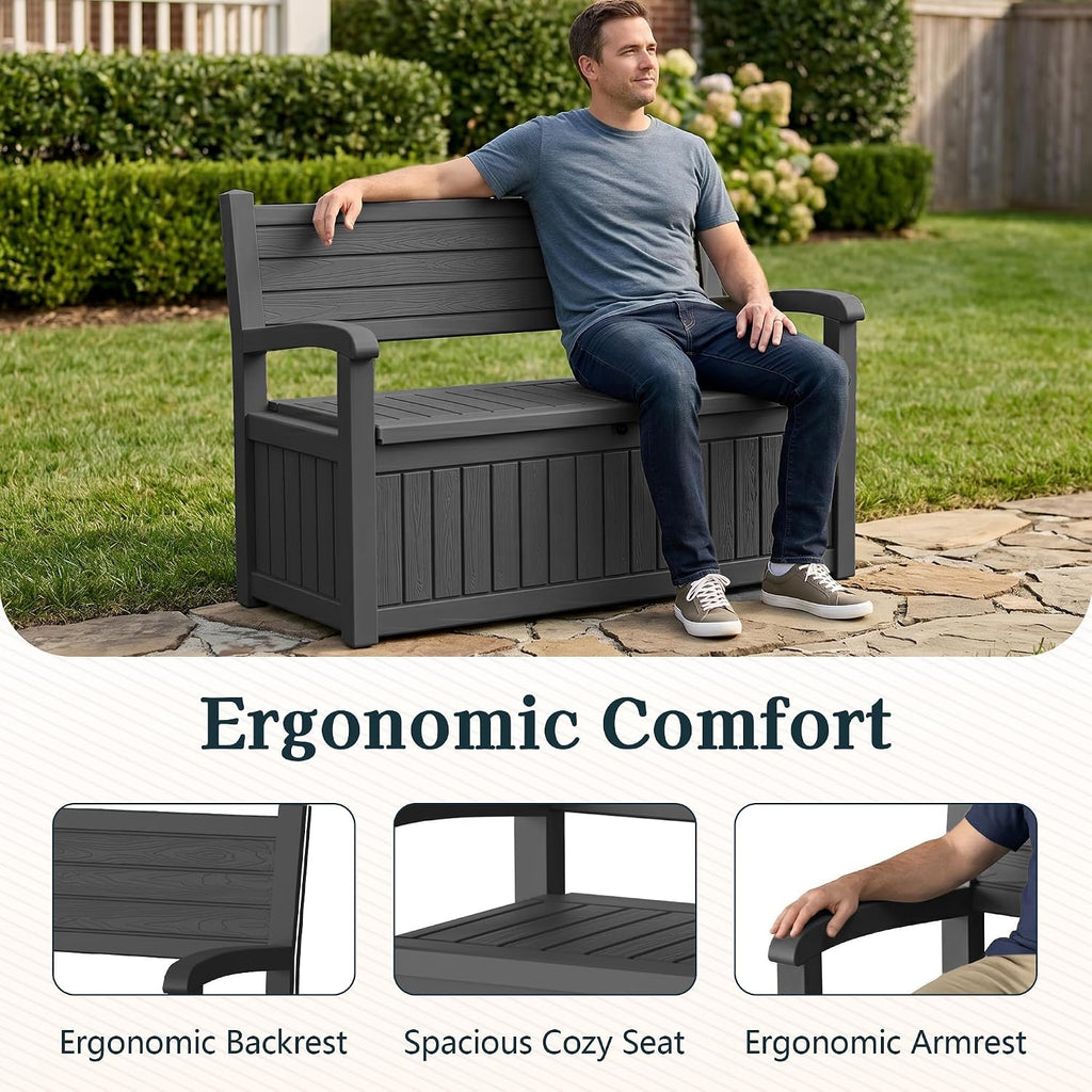 Outdoor Bench, Waterproof Garden Storage Bench, 100 Gallon Deck Box | Lockable Resin Bench Seating Weatherproof