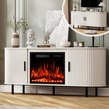 65" TV Stand with 23" Fireplace, Modern Fluted Design, Curved Fireplace Entertainment Center for TVs Up to 75 Inches