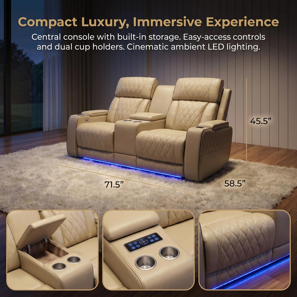 3-Piece Power Recliner Set with LED Lights, Quilted Air Leather Recliner Sofa with USB Port/Storage/Cup Holder/Reader