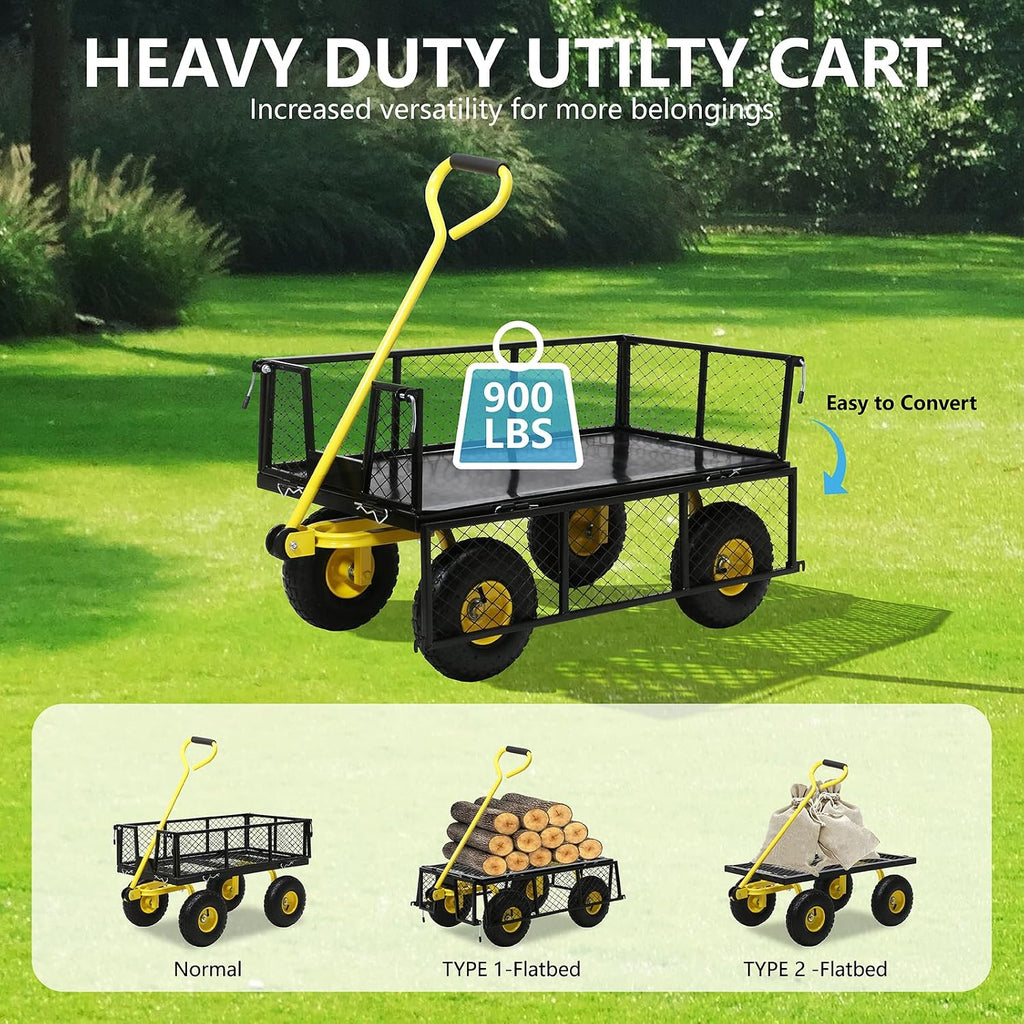 Steel Garden Cart, 2-in-1 Heavy Duty Utility Wagon 900 LBS Capacity Carts with Removable Mesh Sides to Convert into