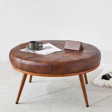 Round Ottoman Coffee Table, Large Faux Leather Cushioned Footstool Ottoman, Stationary Ottomans, Backless Chair