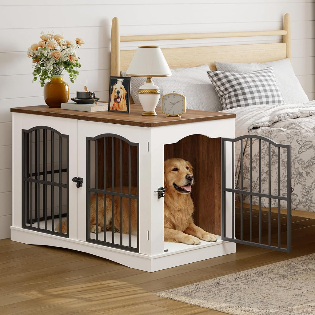 39.4" Wooden Dog Crate Furniture, Heavy Duty Dog Kennel Indoor with 3 Doors, Dog Cage for Medium/Large Dogs