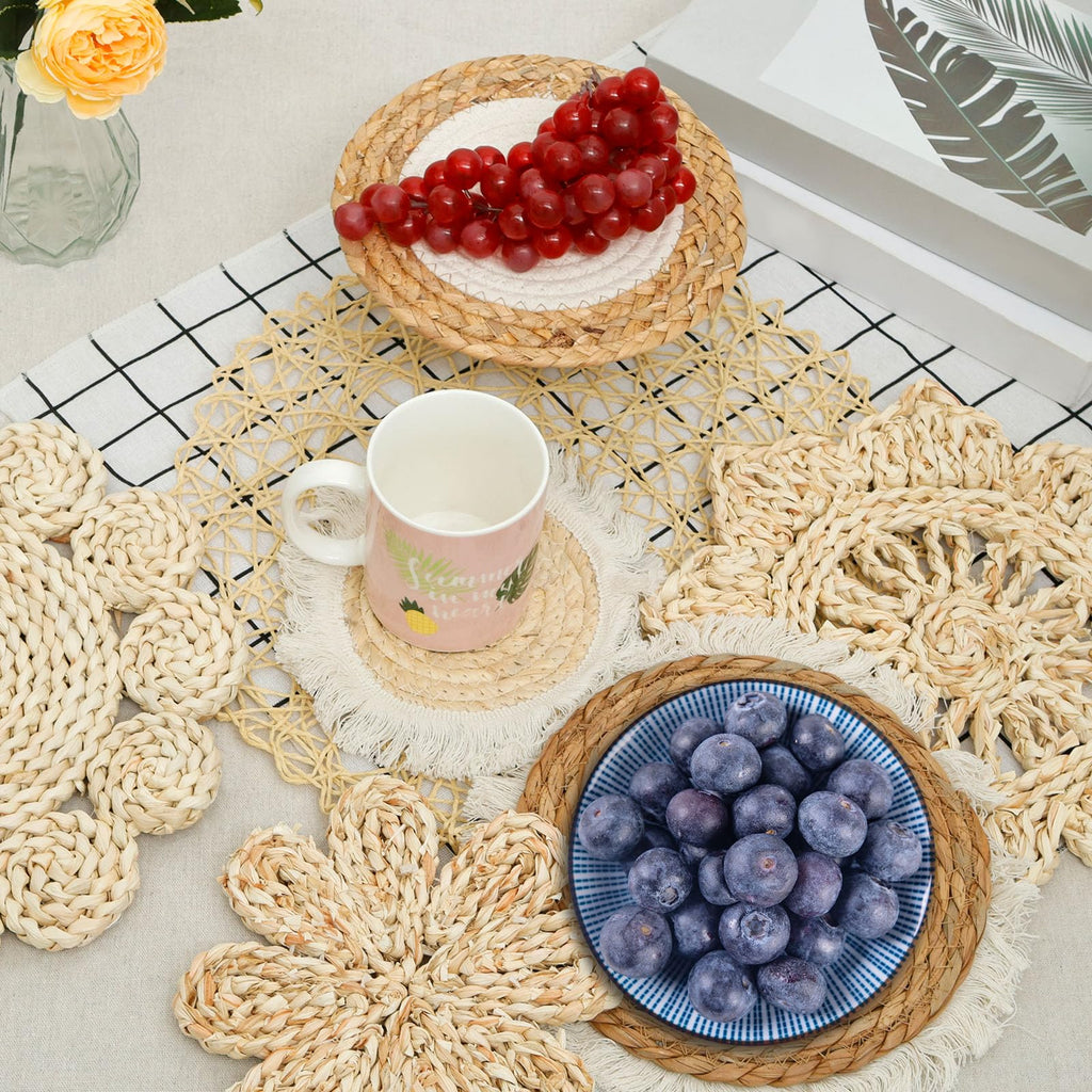 7 Pack Boho Wall Basket Decor Set, Hanging Woven Seagrass Rattan Wicker Boho Wall Decor, Round Farmhouse Wall Hanging