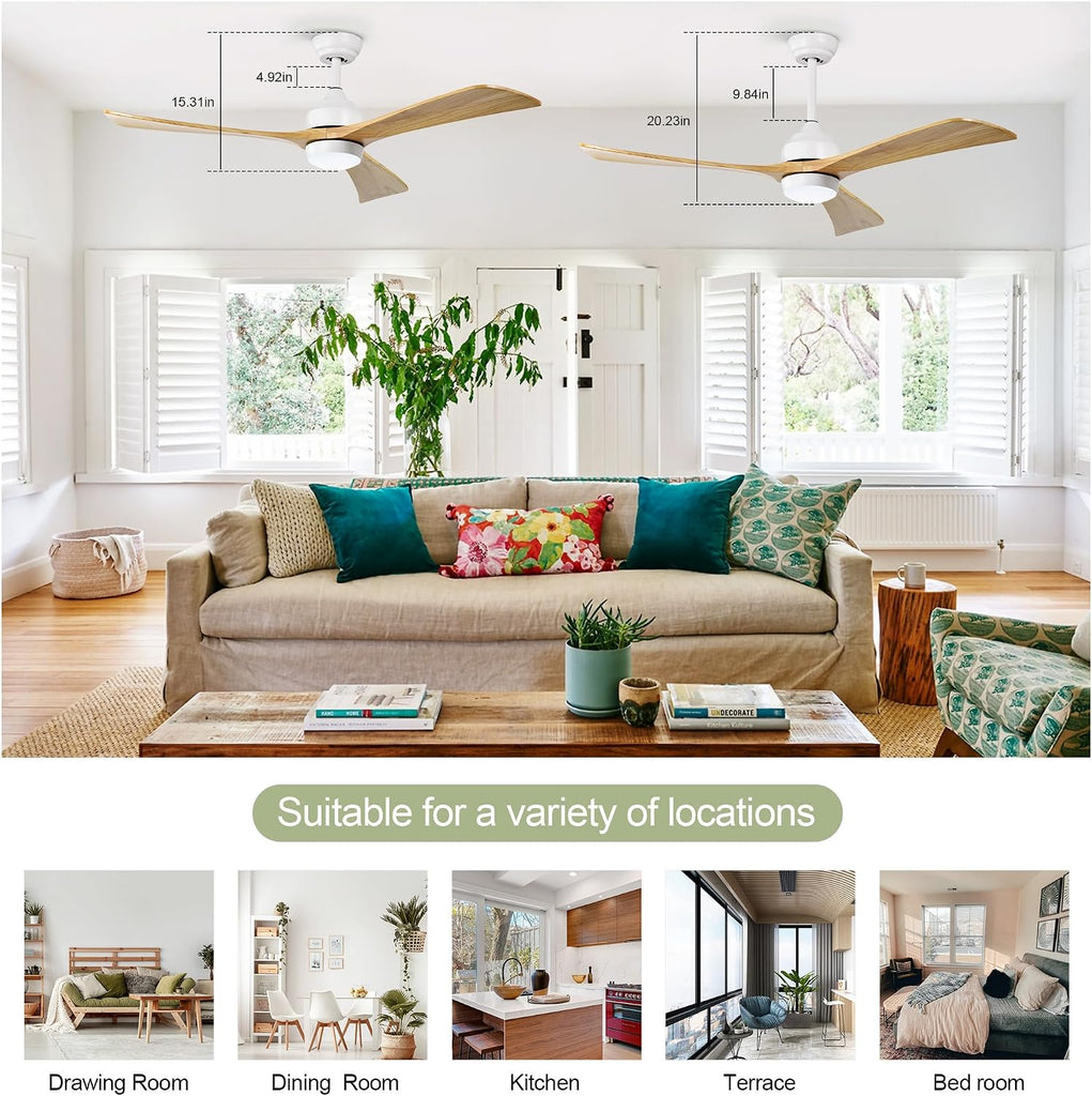 52 Inch Wood Ceiling Fan with Light and Remote - Quiet Reversible DC Motor, 6 Speed - White & Natural Wood