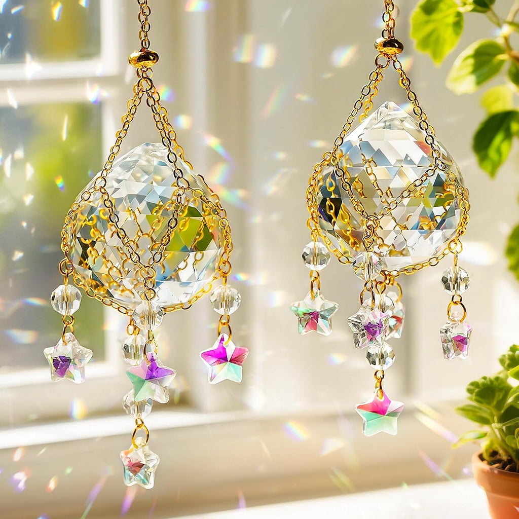 2Pcs Hanging Crystal Ball Suncatchers 40mm with Crystals Star Charm Rainbow - Crystal Ball Prisms Decor Sun Catchers