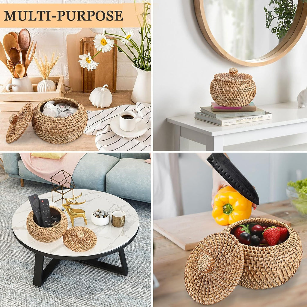 Round Rattan Basket Box with Lid Wicker Storage Baskets Bin, X-Small