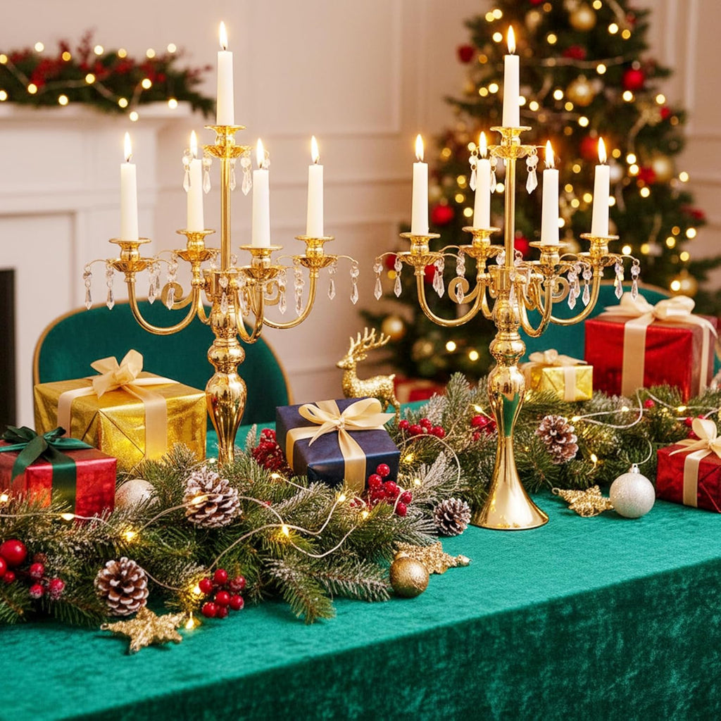 5-Arm Candle Centerpieces for Tables: Gold Metal Candle Holders, Vintage Candelabra Centerpieces, 20.3" Tall