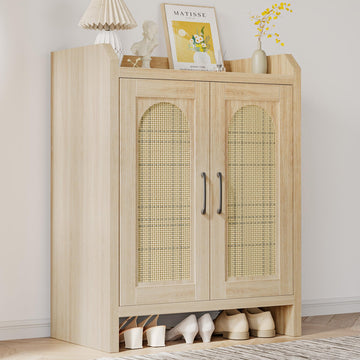 Shoe Cabinet Storage, Rattan Storage Cabinet, Wooden Shoe Rack with Doors, Farmhouse Boho Wood Shoe Organizer