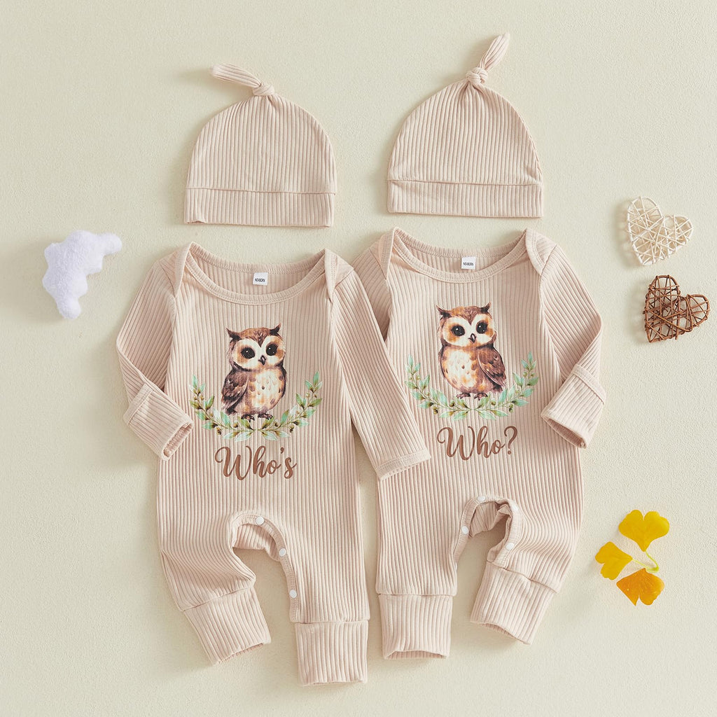 Newborn Baby Boy Girl Twins Matching Outfits Knit Romper Jumpsuit, Who, NB