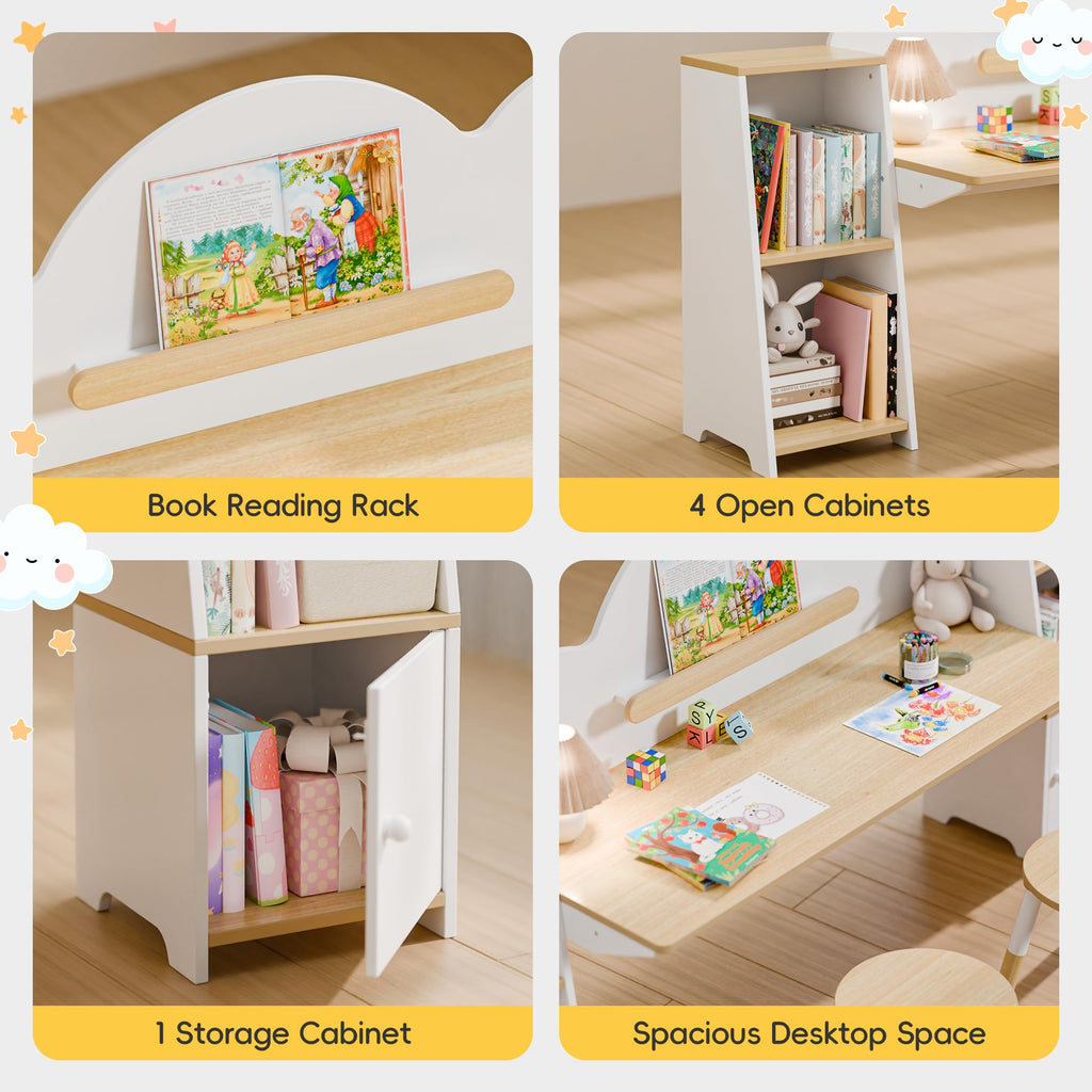 Kids Desk with Storage and 2 Stools, Wooden Children Study Desk and Chair Set with 5 Bookshelves & Cabinets