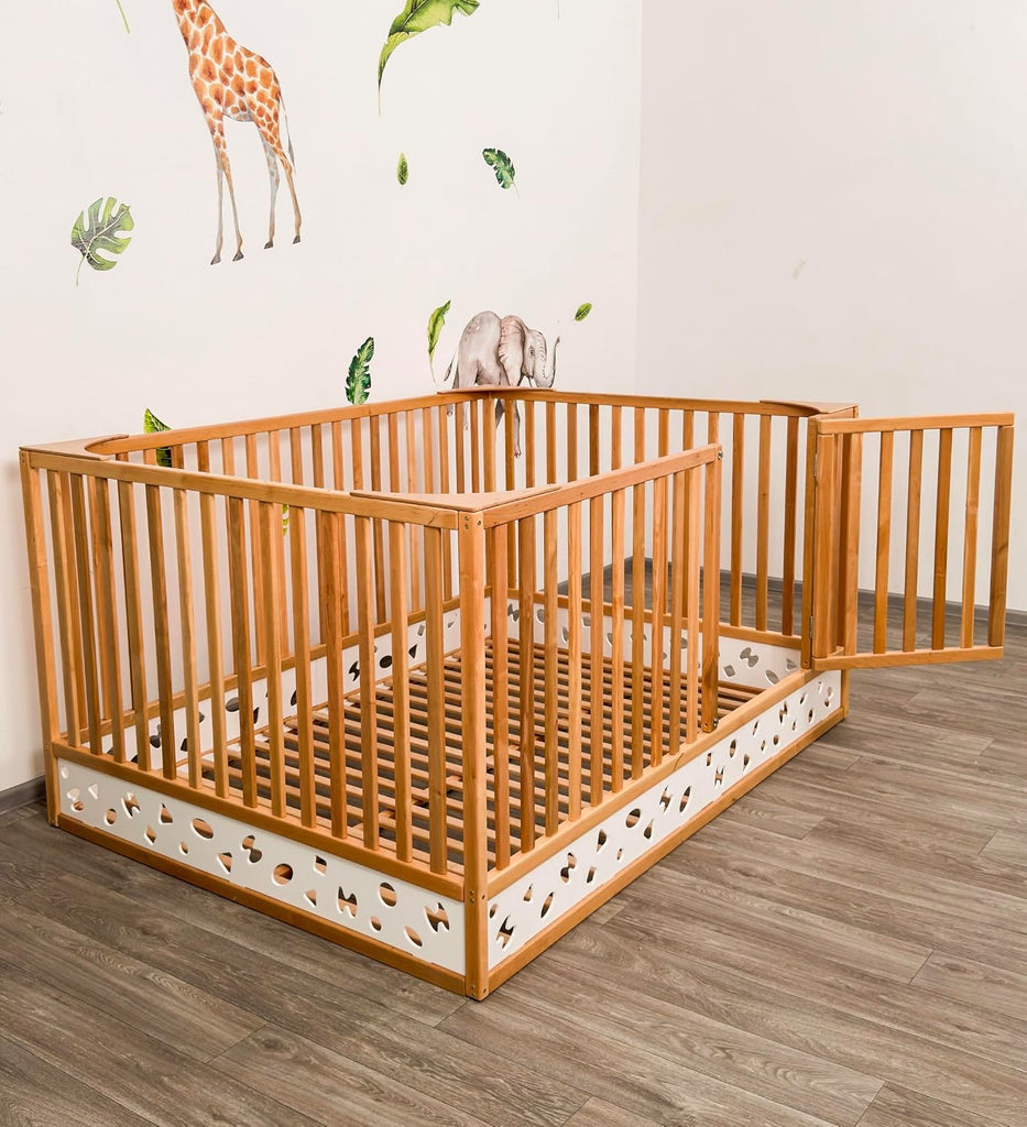 Montessori Floor Bed with Extra High Rails and Locking Door - Low Toddler Bed Frame with Slats - Twin/Full/Queen