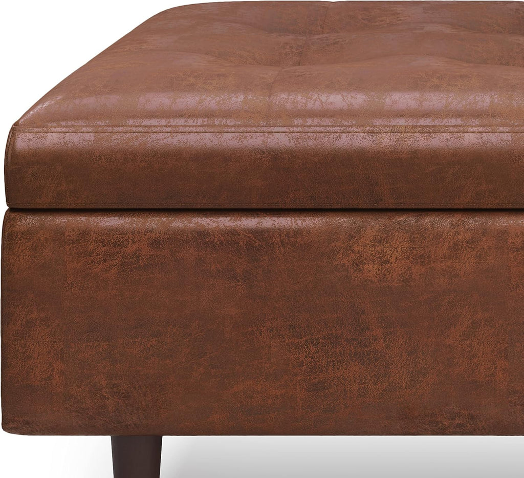 Sienna 33" Wide Linen Look Fabric Storage Ottoman in Dove Grey | Distressed saddle brown, mid-century modern ottoman