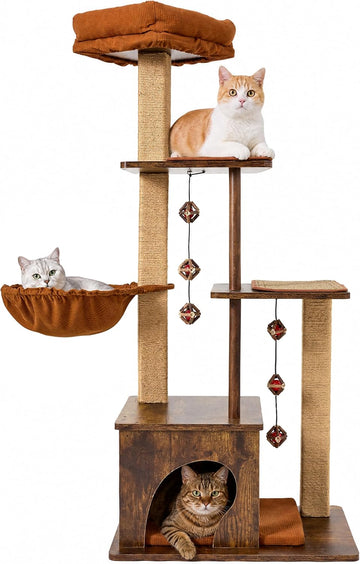 Retro-Modern Cat Tree, 4 in 1 Large Cat Tower with Hammock & Condo