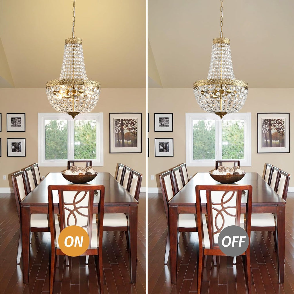 Mini French Empire Crystal Chandelier, 4-Light Antique Brass Pendant Light Fixture - 19.7" H x 12.6" W