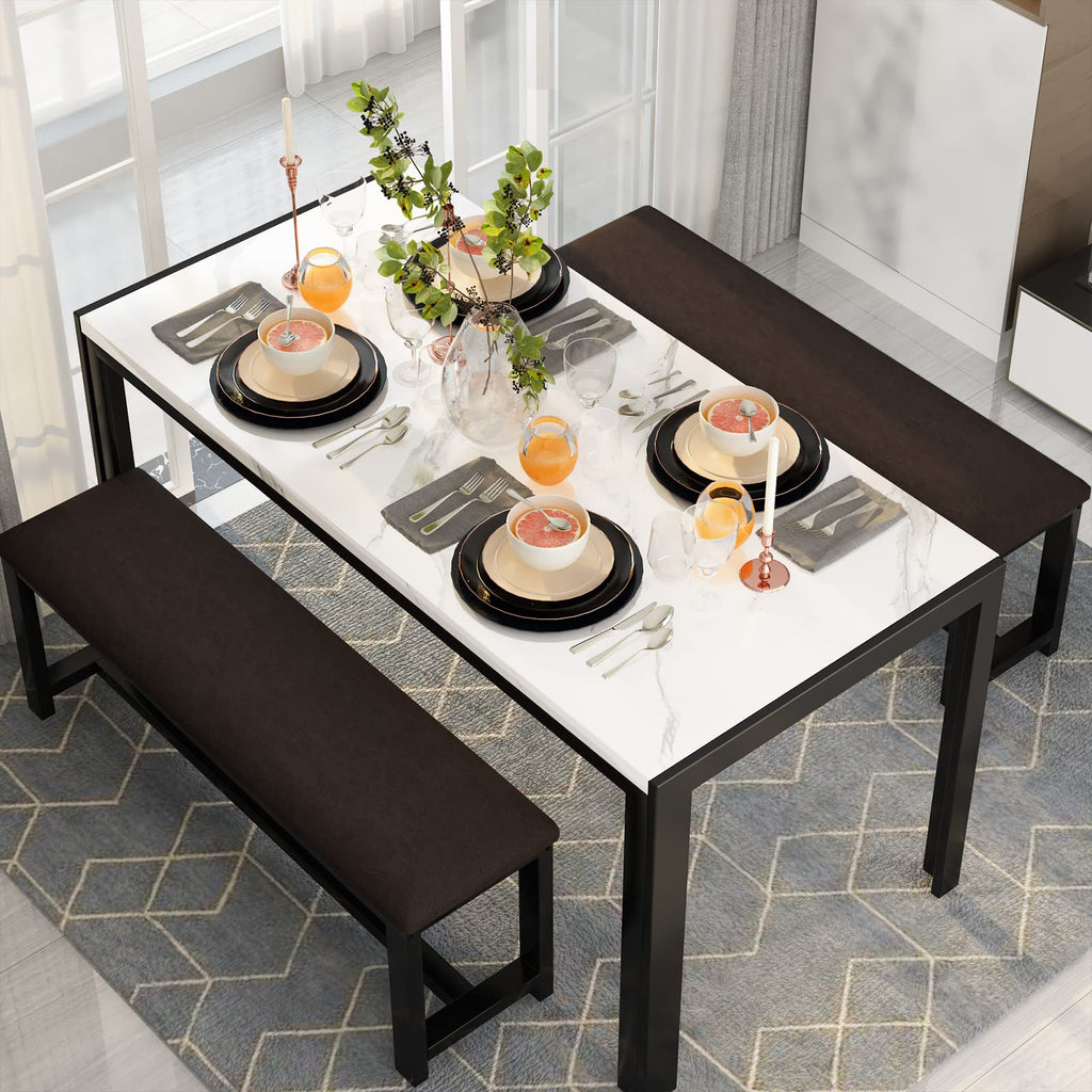 Dining Table Set for 4, Faux Marble Kitchen Table with 2 Leather Bench
