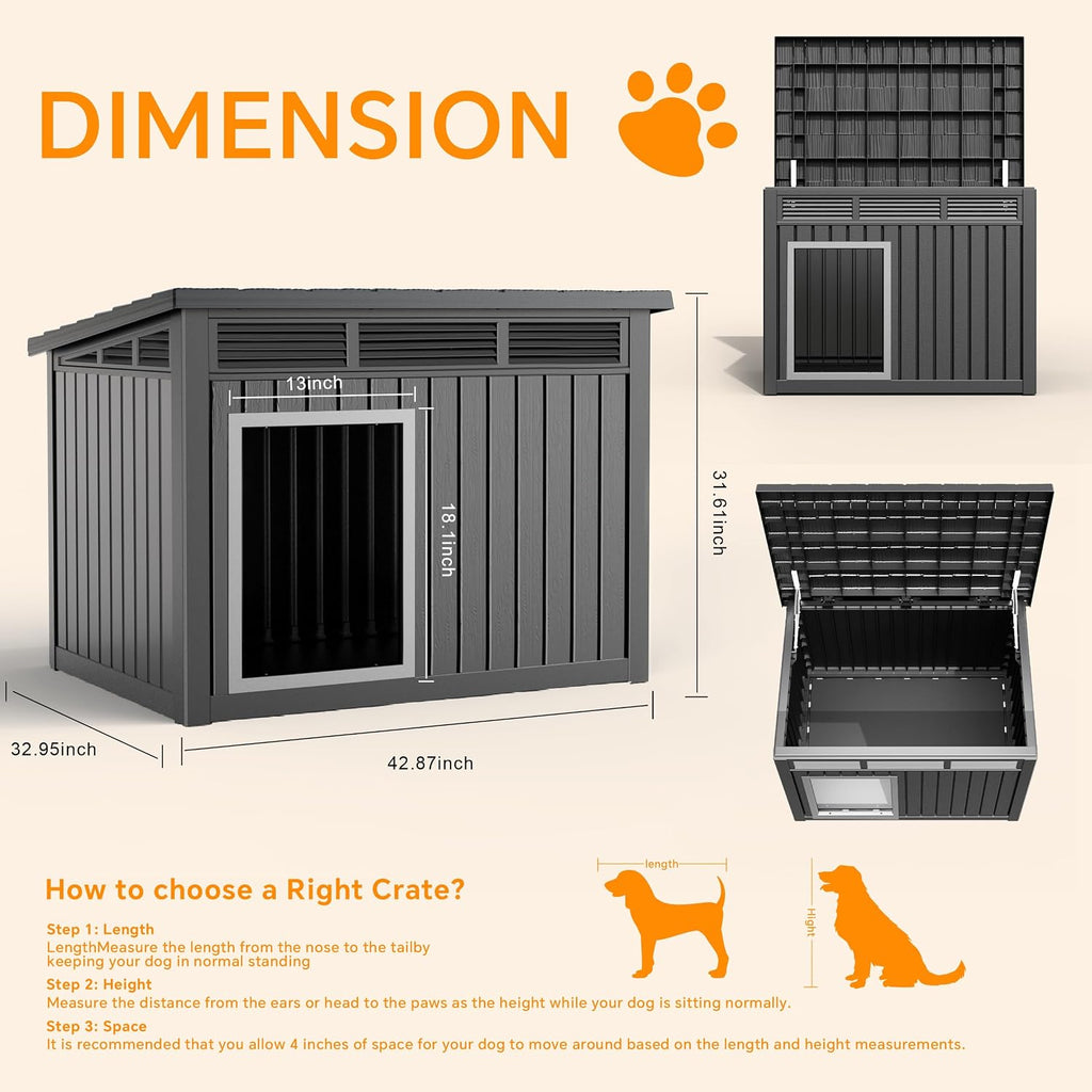 Large Dog House Outdoor for Indoor with Weatherproof & Removable Roof, Fits Small to Large (Black, 42.87 * 32.95 *