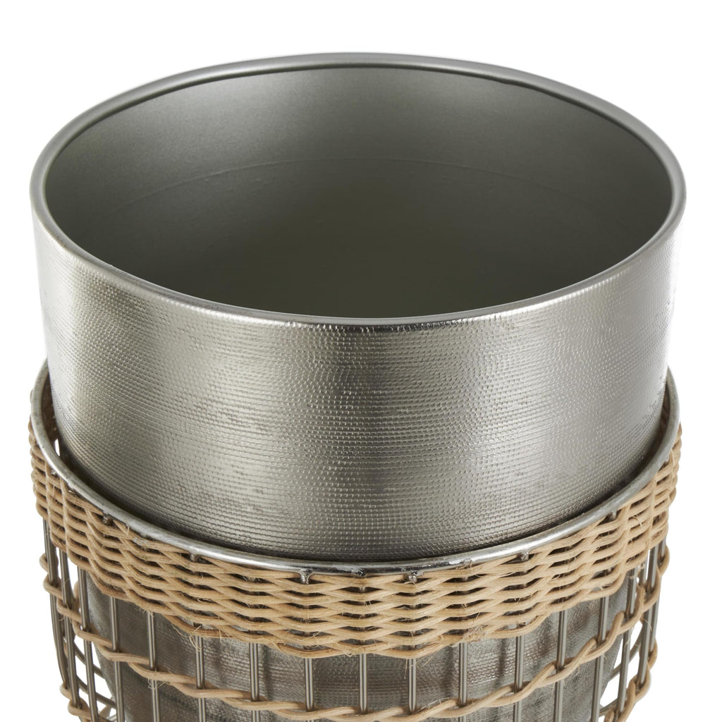 Metal Indoor Planter Textured Dome Large Planter Pot with Woven Rattan and Caged Rod Pedestal Base, Set of 3 Planters