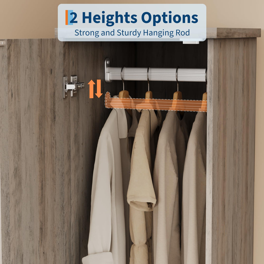 72" Wood Armoire Wardrobe Closet, Fluted, Narrow, Retro Gray