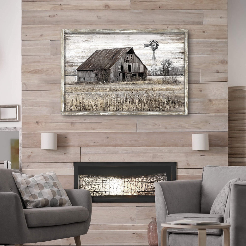 Large Vintage Farmhouse Windmill Framed Wood Wall Art 45"x30"