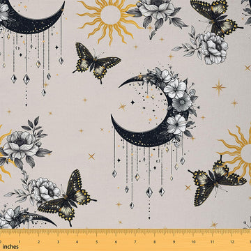 Exotic Moon Fabric by The Yard Wild Butterfly Yellow Boho Sun Stars Fabric for Sewing Supplies Retro Gray Poppy