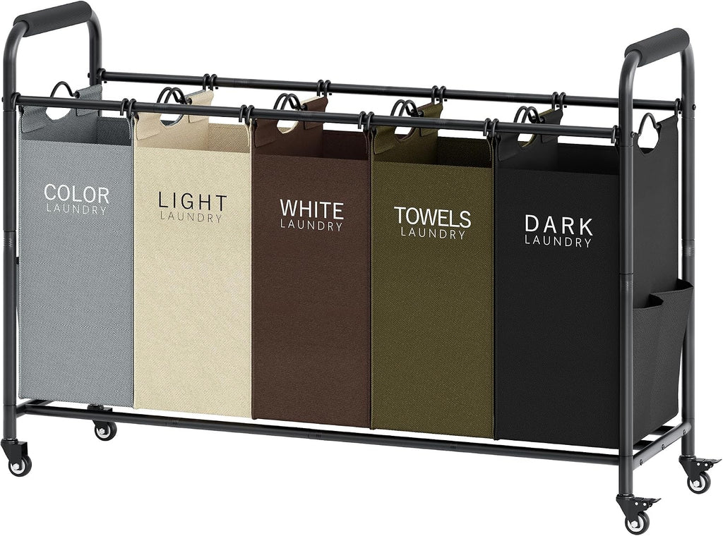 5 Bag Laundry Sorter Cart, Laundry Hamper 5 Section, 5 Colors | Rolling Laundry Basket with Heavy Duty Lockable