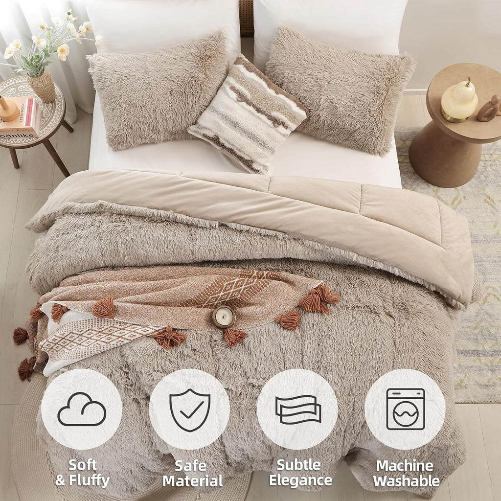 Fluffy King Size Comforter Set, Oatmeal Faux Fur Comforter Set 3 Pcs | Luxury Fuzzy King Bedding Set, Soft Plush Bed