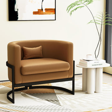 Upholstered Modern Living Room Chairs Barrel Accent Chair, Faux Leather Armchair Mid Century Lounge Chair Anti