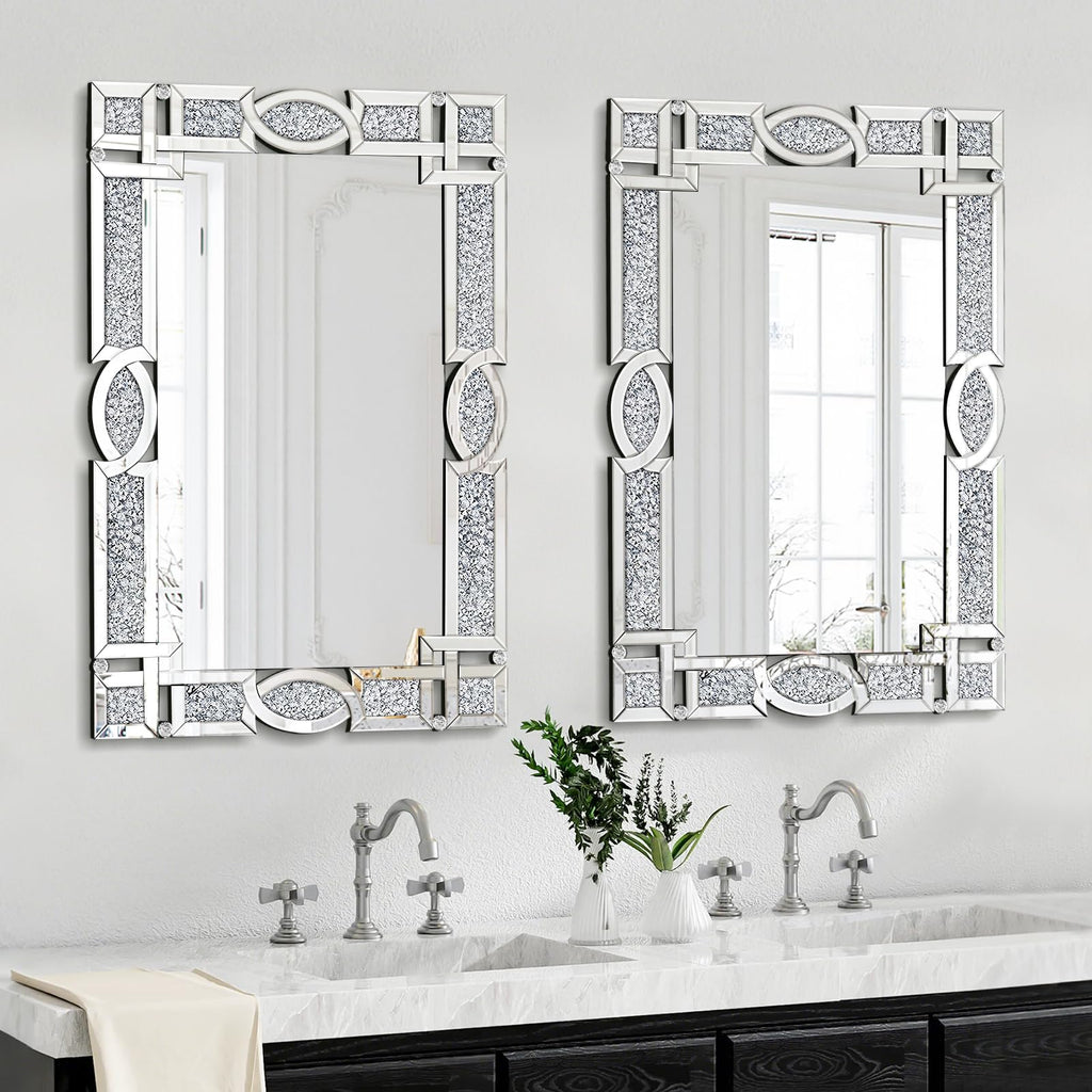 Crushed Diamond Mirrors for Wall Decor, 36''x24'' Rectangle Silver Decorative Bathroom Mirrors, Wall-Mounted Mirrors