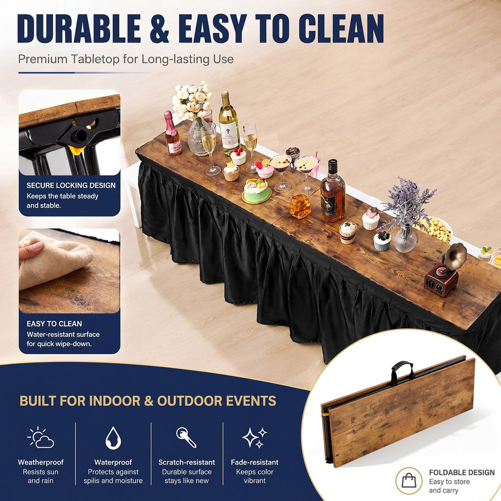 Portable Bar Top Riser Tables with Skirt, Black Skirt, 6 ft, Rustic Brown